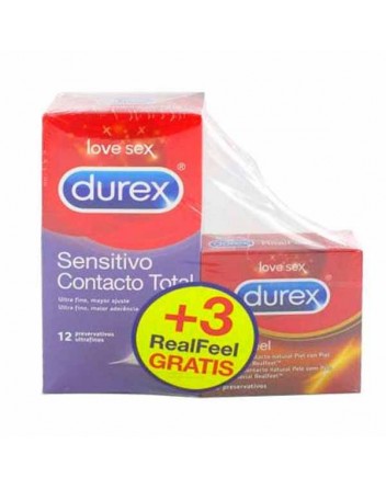 DUREX SENSITIVO CONTACTO TOTAL+ DUREX REAL FEEL PRESERVATIVOS PROMOCION 12 U + 3 U